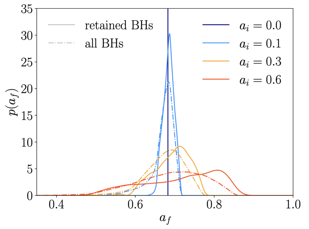 probability distribution of black hole spins ranging from 0.4 to 1.0. vertical line at 0.69. blue dashed bell curve peaks at vertical line. blue solid curve peaks sharply at a slightly higher value. yellow dashed curve peaks at vertical line. yellow solid curve peaks slightly above. red dashed curve peaks slightly above vertical line. red solid curve peaks above the red dashed curve. yellow and red curves are much flatter than blue curves.